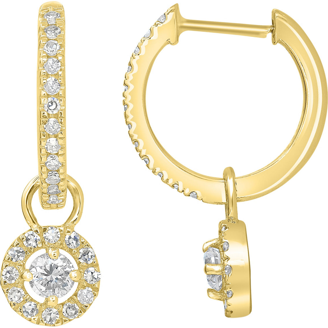 Luxle 14K Yellow Gold 1/4 CTW Pave Diamond Hoop Earrings with Round Halo Drop - Image 2 of 4