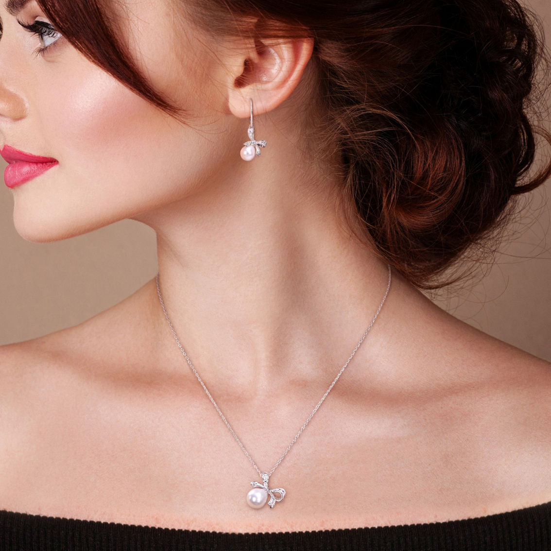 Sofia B. Cultured Freshwater Pearl Diamond Accent Bow Earrings & Necklace 2 pc. Set - Image 2 of 3