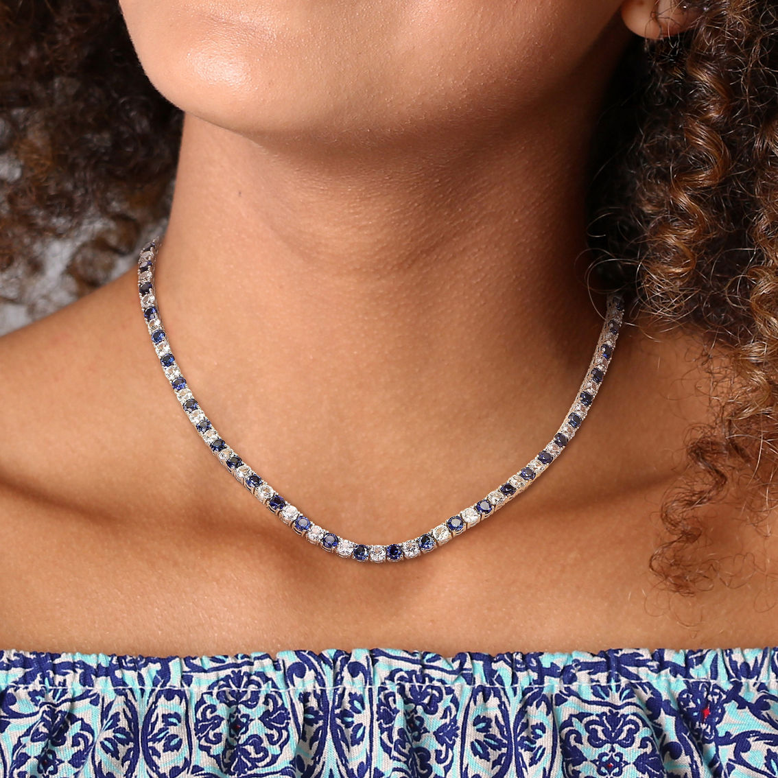 Sofia B. Sterling Silver 33 CTW Created Blue and White Sapphire Tennis Necklace - Image 4 of 5