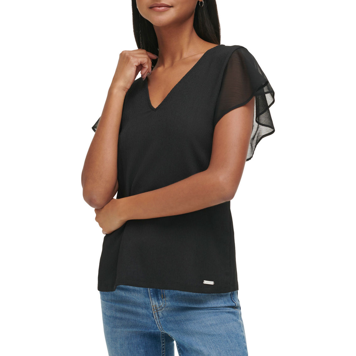 Calvin Klein Textured Knit Chiffon Sleeve V-Neck Top - Image 3 of 4