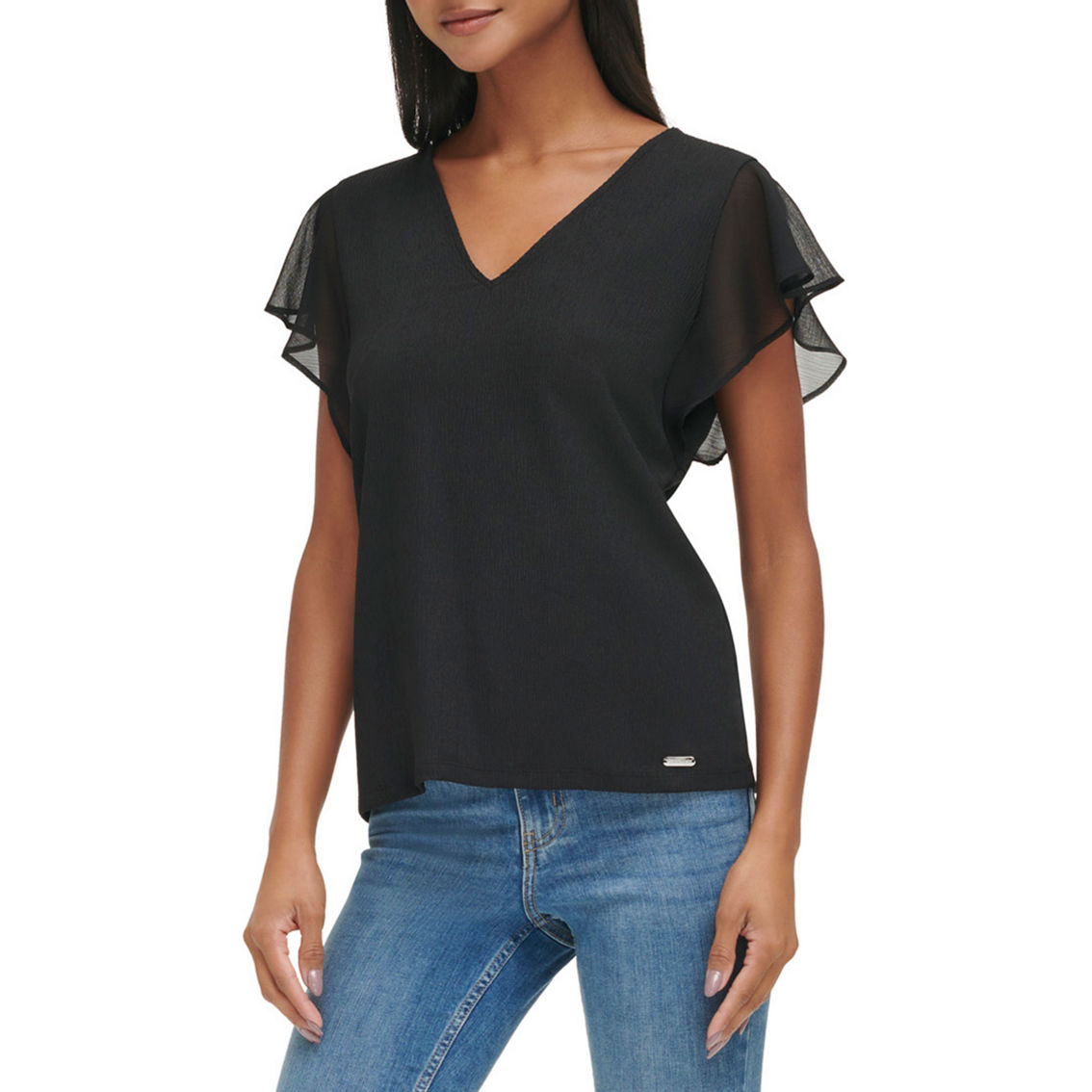 Calvin Klein Textured Knit Chiffon Sleeve V-Neck Top - Image 4 of 4