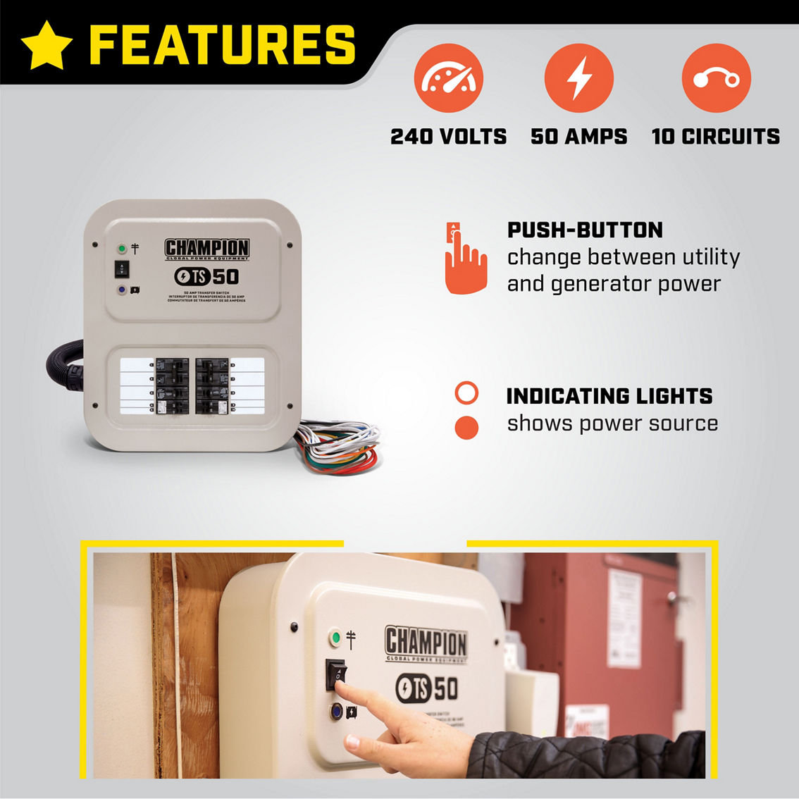 Champion 50 Amp Manual Transfer Switch with 30 ft. Power Cord and Power Inlet Box - Image 5 of 10