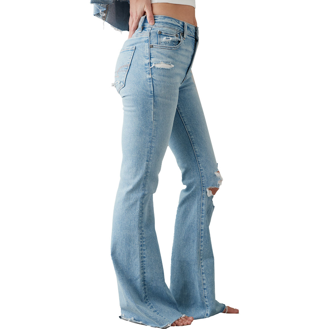 American Eagle Next Level Ripped High Rise Flare Jeans - Image 3 of 5