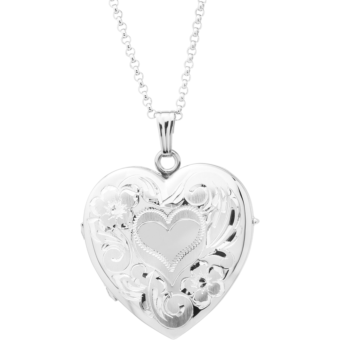 Sterling Silver Engraved 4 Picture Heart Locket With 20 In. Rope Chain ...
