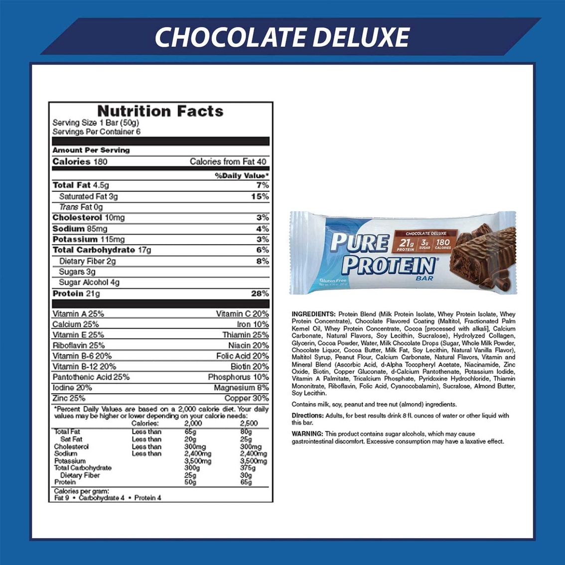 Pure Protein Chocolate Deluxe 50g Bar 6 Pk. - Image 2 of 2