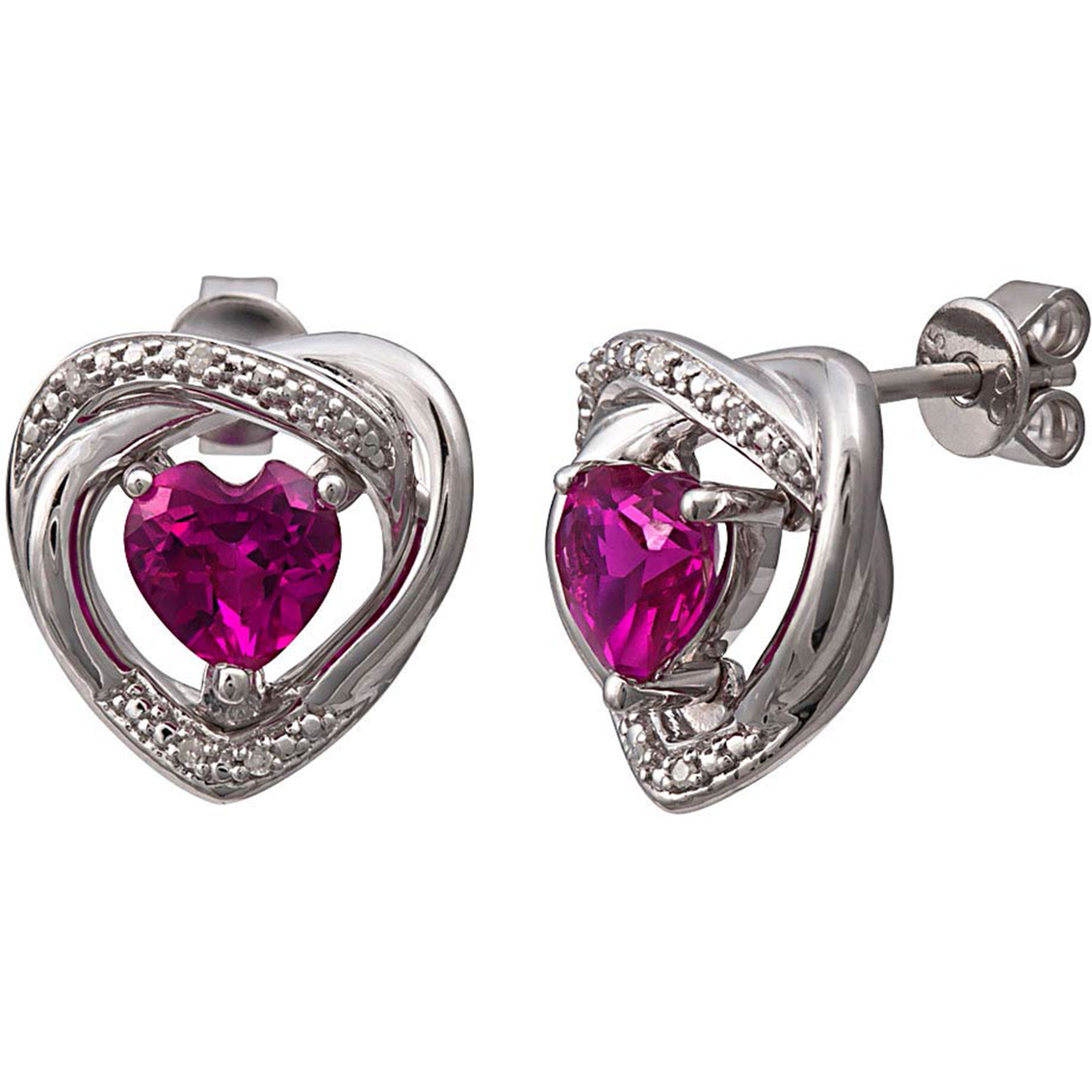 Sterling Silver Created Ruby And Diamond Heart Earrings | Gemstone ...