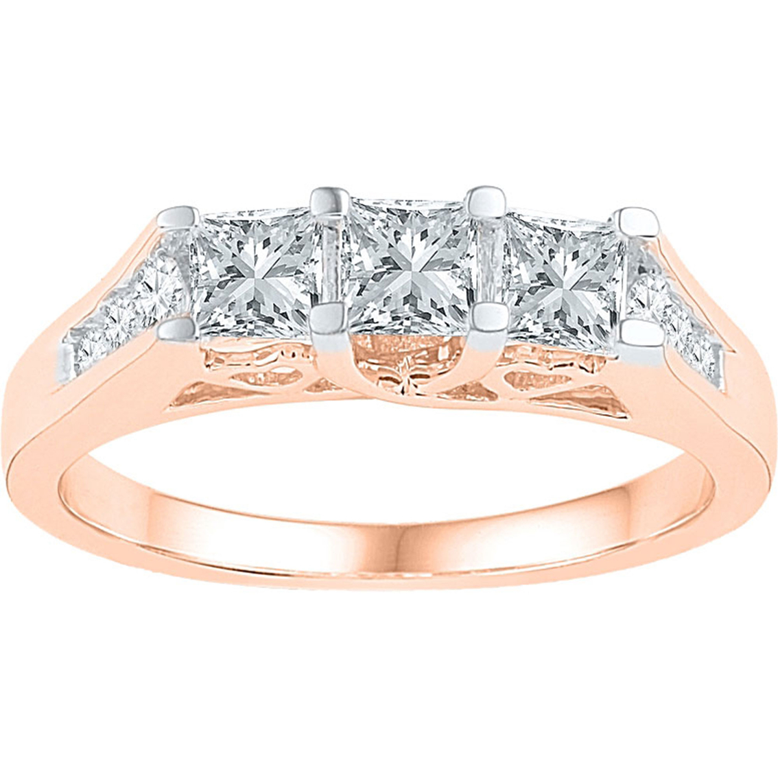 14k Pink Gold 1 Ctw 3 Stone Princess Cut Diamond Ring | 3 ...