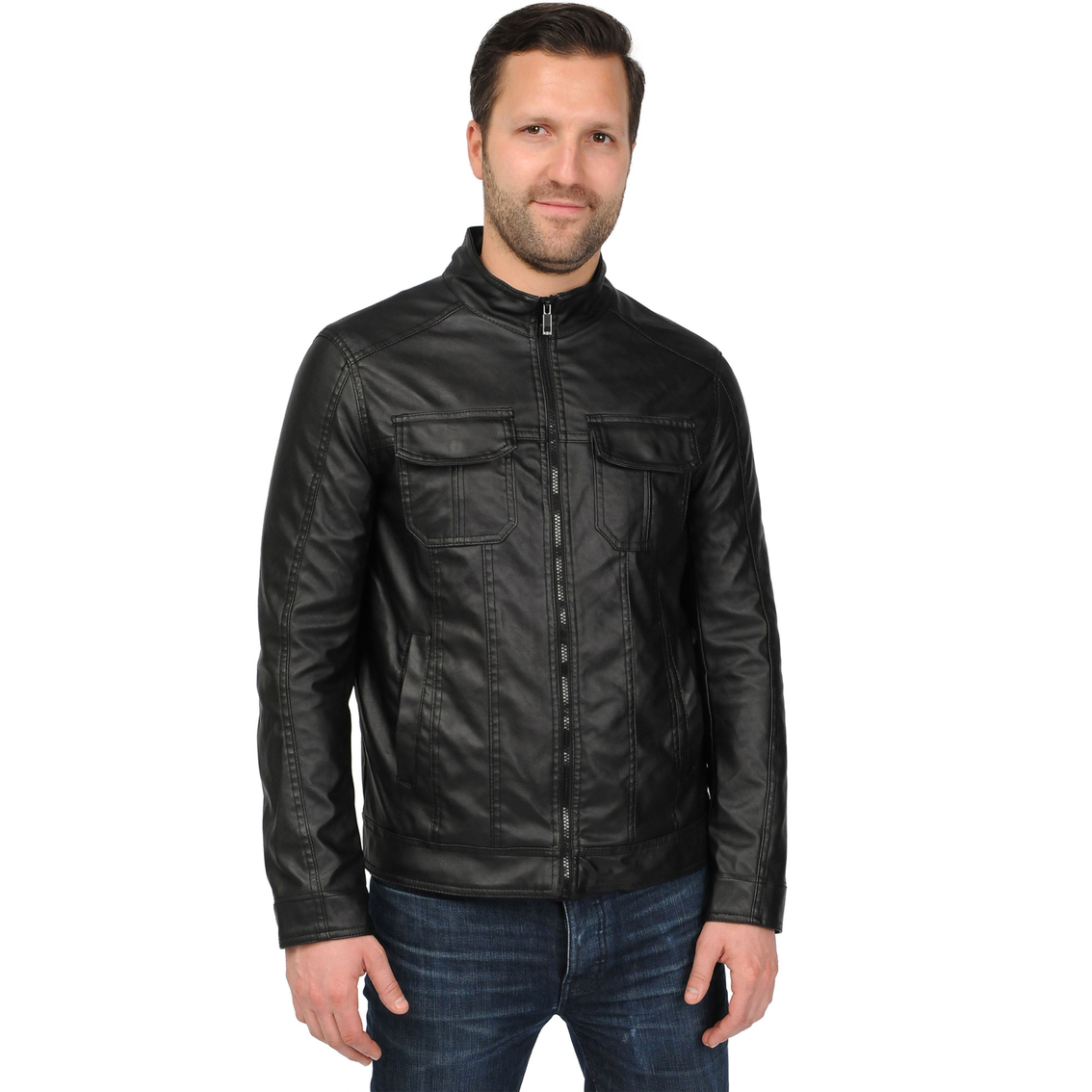 Chaps Faux Leather Classic Bomber Jacket With Added Double Collar ...