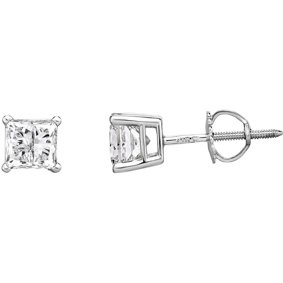 14k White Gold 1 Ctw Princess Cut Diamond Solitaire Stud Earrings ...