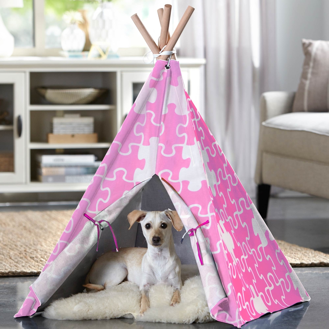 Merry Products Pink Puzzle Print Pet Teepee, Large