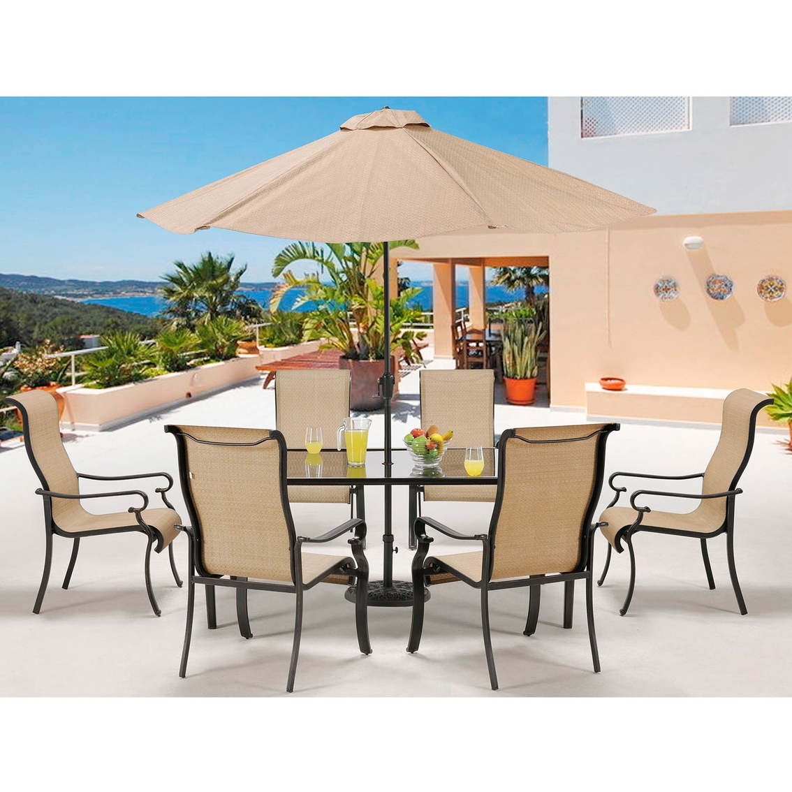 Hanover Brigantine 7 pc. Outdoor Dining Set with Glass Tabletop and 9 ft. Umbrella - Image 2 of 4