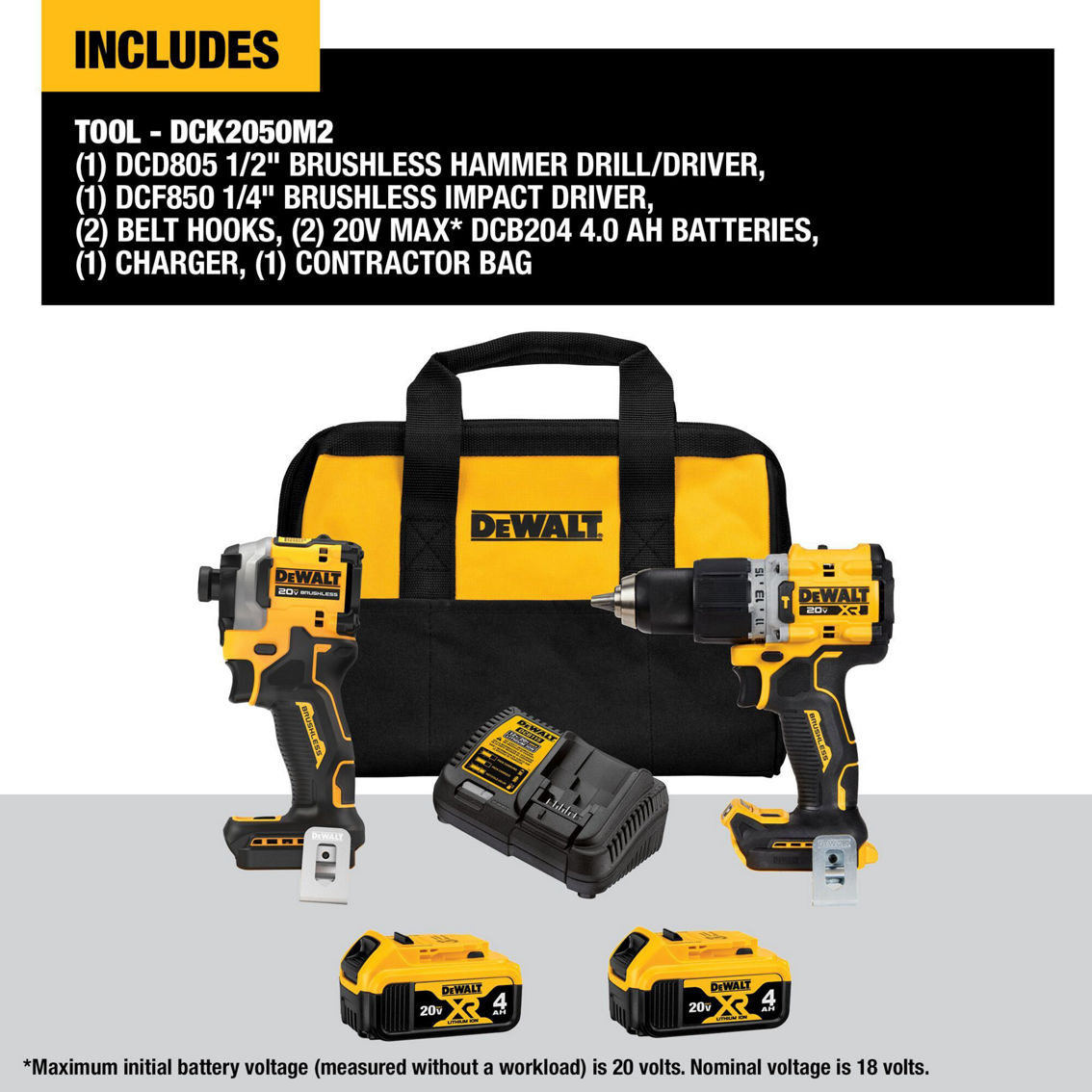 DeWalt 20V MAX* XR Li-Ion Brushless Compact Hammerdrill and Impact Driver Kit - Image 2 of 3