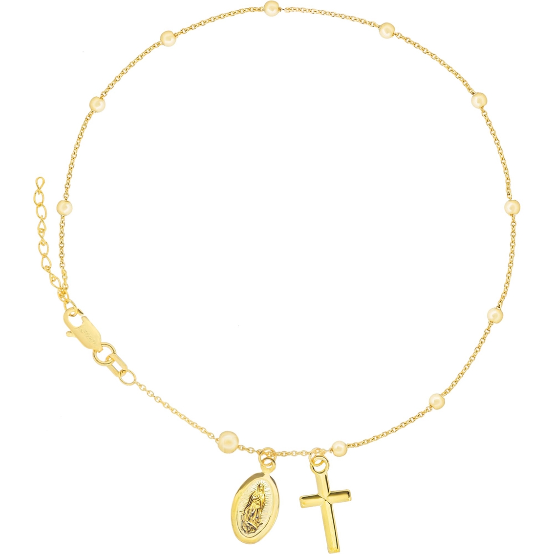 14K Yellow Gold Adjustable Mary and Cross Anklet