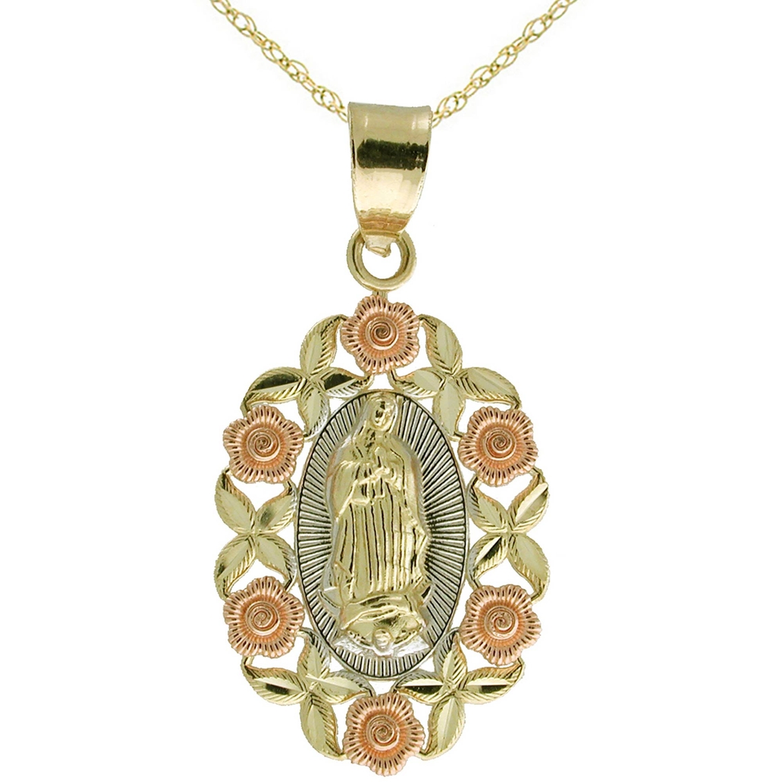 Details about   14K Tri Tone Gold Guadalupe Stamp Charm Pendant &1.6mm Figaro 3+1 Chain Necklace 