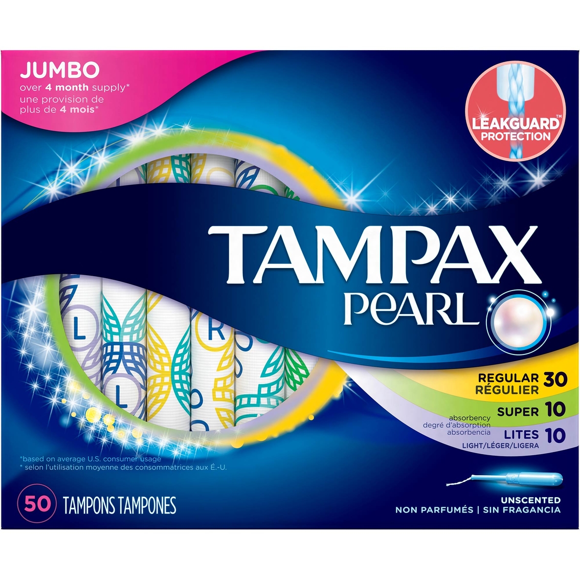 Tampax Pearl Triplepack (light/regular/super) Plastic Tampons, Unscented,  50 Ct., Feminine Products, Beauty & Health