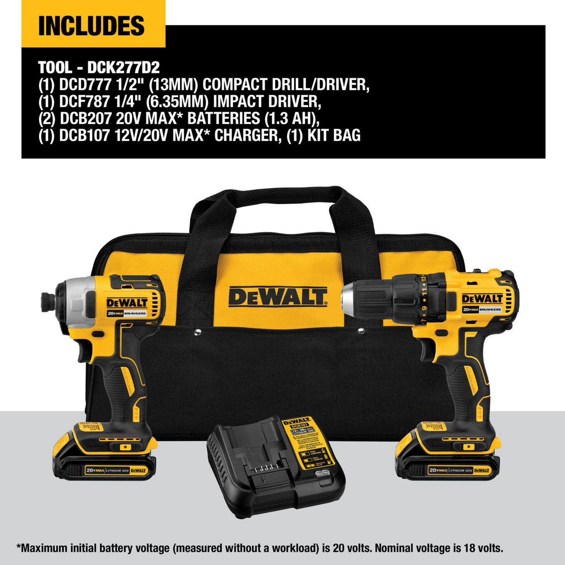 DeWalt 20V MAX 1.5 Ah Lithium Ion Compact Brushless Drill and Impact Driver Kit - Image 2 of 4