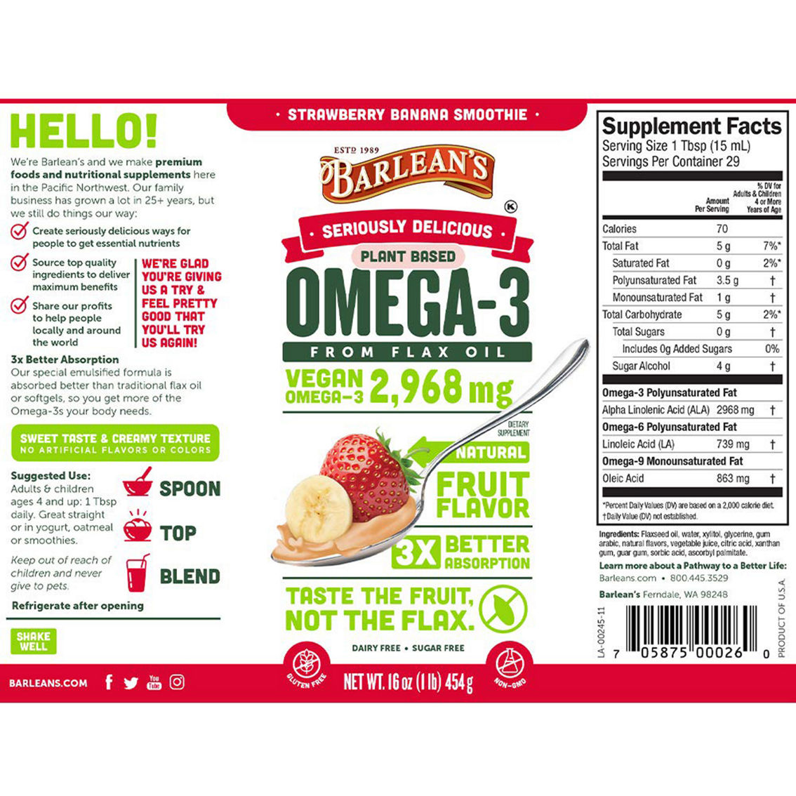 Barlean's Organic Oils Omega Swirl Flax Oil, Strawberry Banana, 16 oz. Bottle - Image 2 of 3