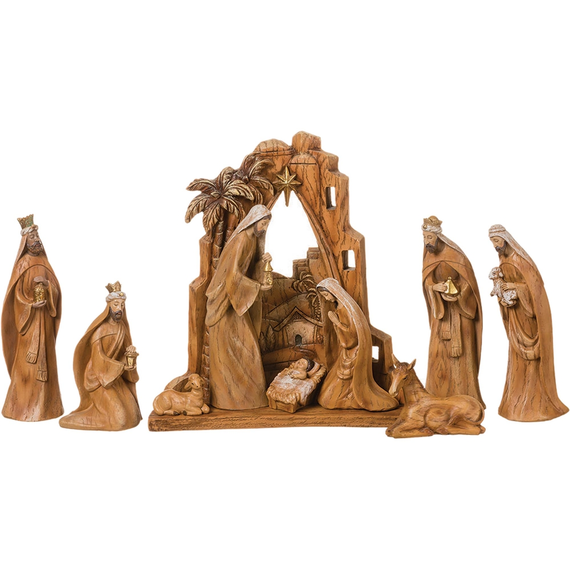 Roman 9 Pc. Set 12 in. Carved Nativity Scene with Backdrop in Faux Wood Grain