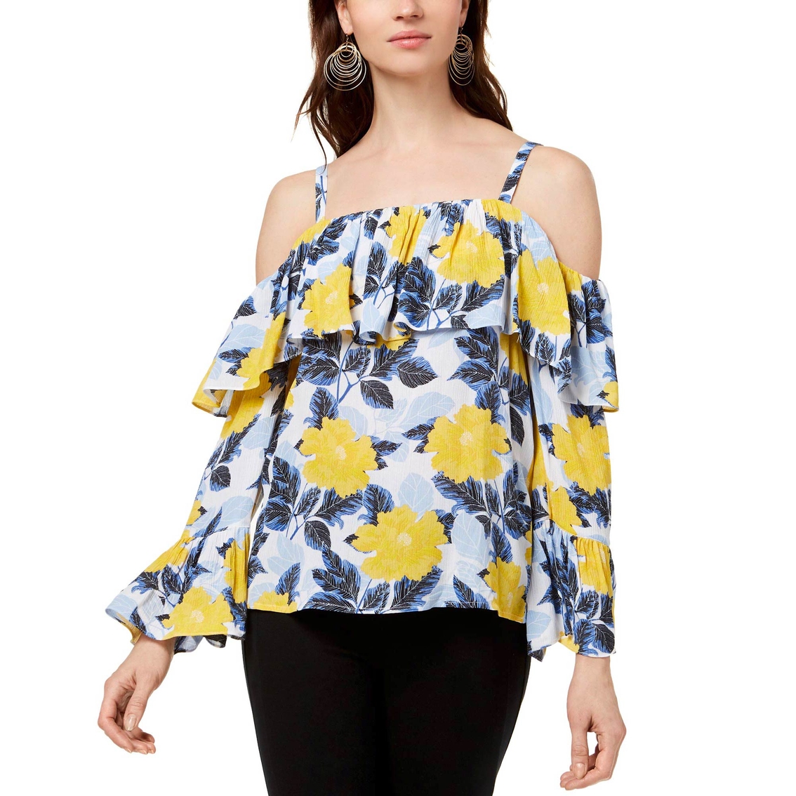 Inc International Concepts Petite Printed Cold Shoulder Ruffle Top ...