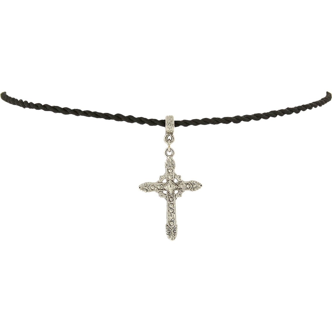 Symbols Of Faith Silvertone Textured Cross On Black Cord, 15 In ...