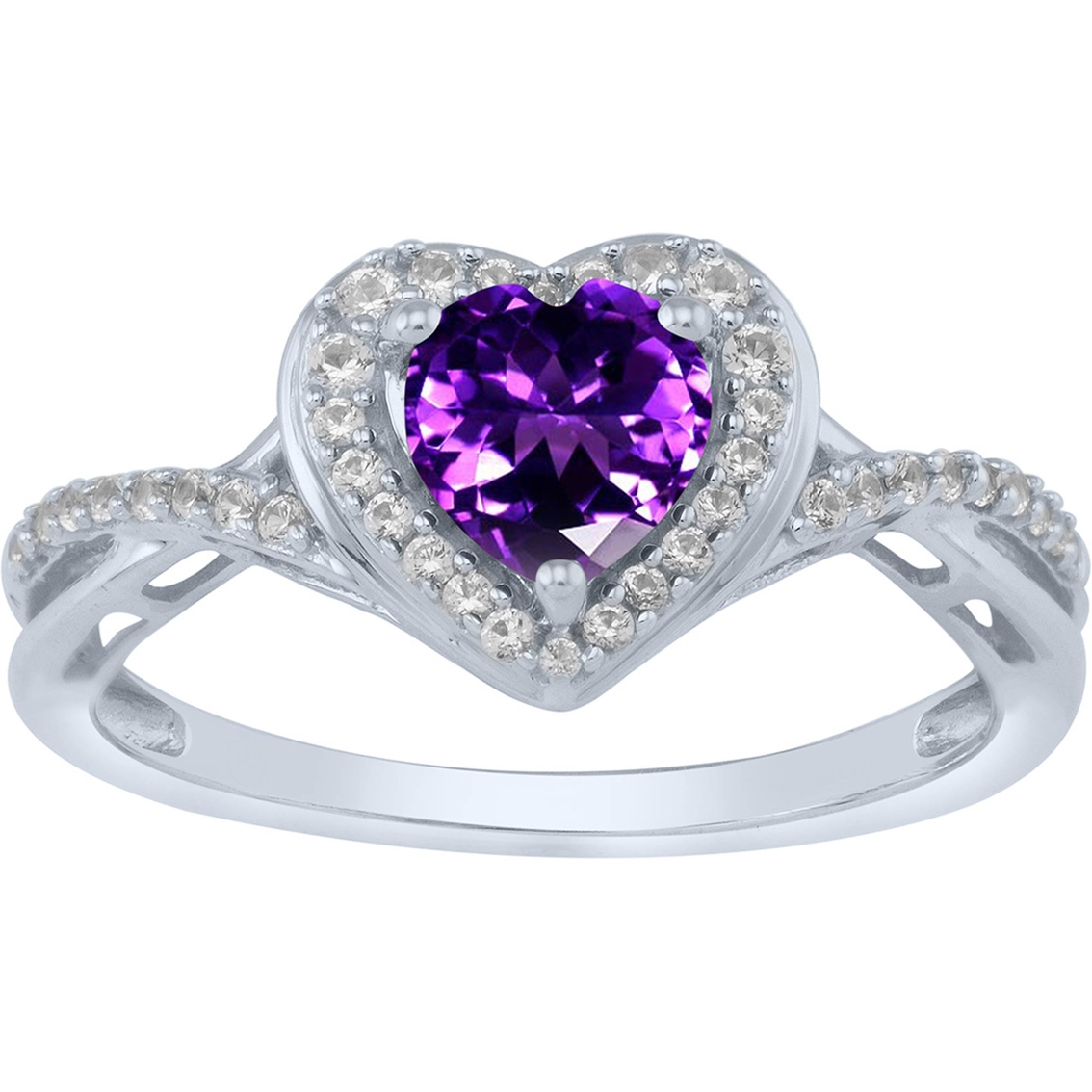 Sterling Silver Heart Shaped Amethyst And Lab Created White Sapphire ...