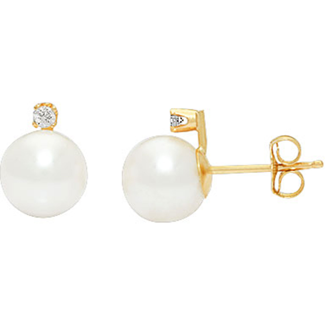 14K Yellow Gold 6.5-7mm Cultured Akoya Pearl Earrings with Diamond Accents - Image 2 of 2