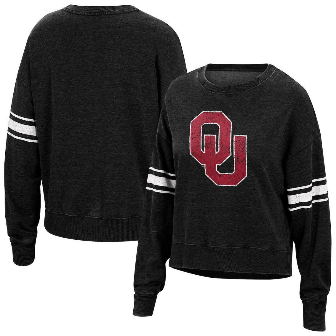Top of the World Women's Black Oklahoma Sooners Camden Sleeve Stripe Washed Pullover Sweatshirt - Image 2 of 4