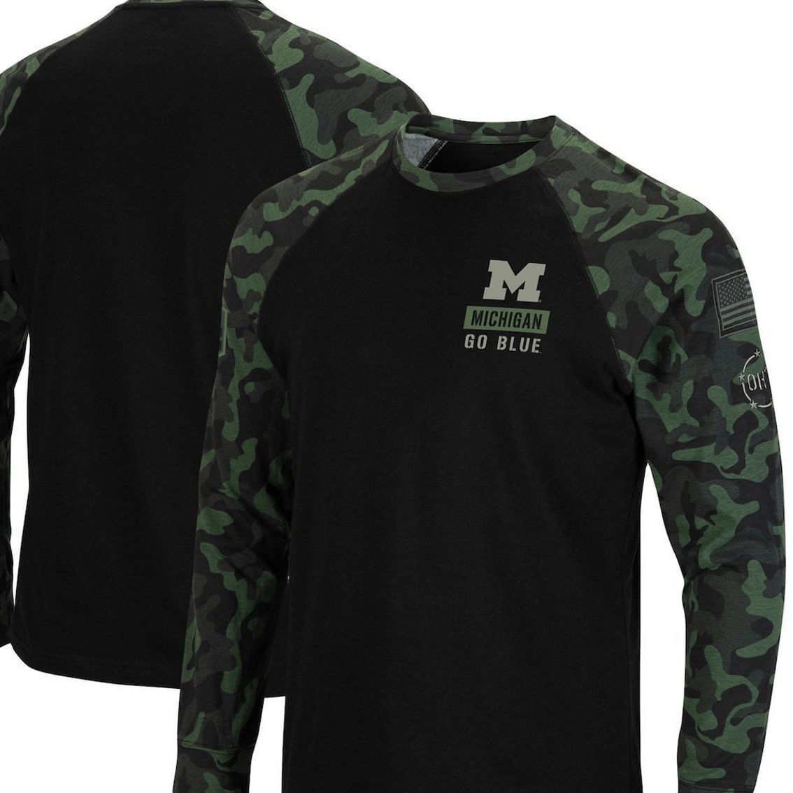 Colosseum Men's Black Michigan Wolverines OHT Military Appreciation Camo Raglan Long Sleeve T-Shirt - Image 2 of 4