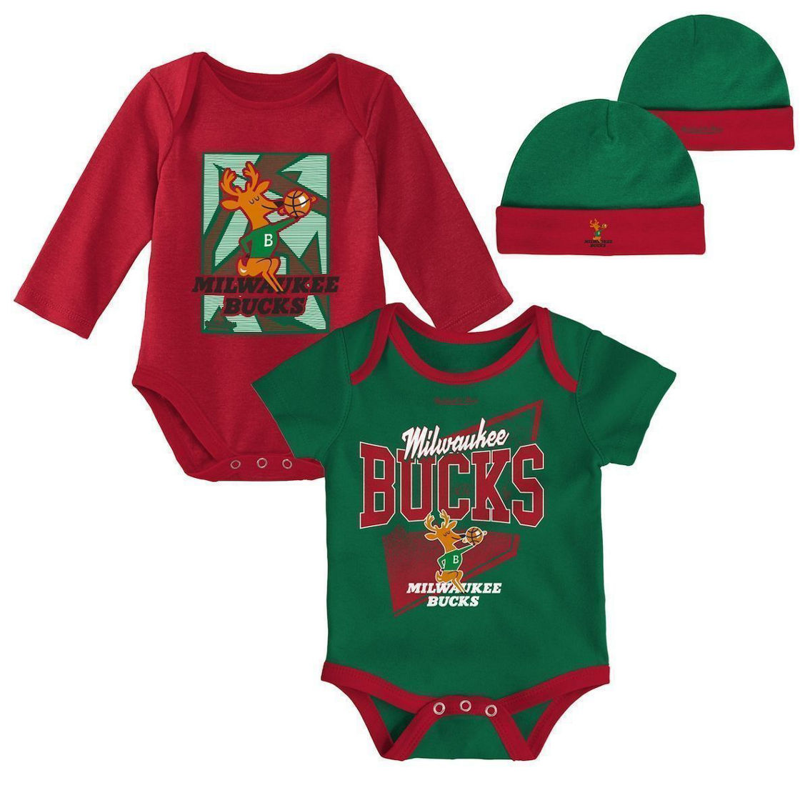 Mitchell & Ness Newborn & Infant Hunter Green/Red Milwaukee Bucks 3-Piece Hardwood Classics Bodysuits & Cuffed Knit Hat Set - Image 2 of 4
