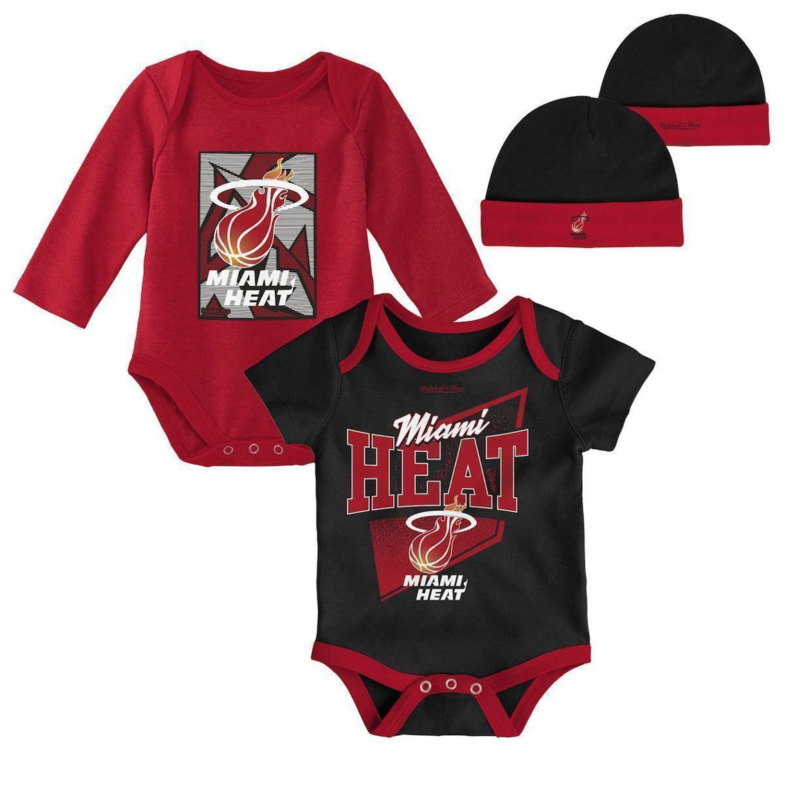 Mitchell & Ness Infant Black/Red Miami Heat Hardwood Classics Bodysuits & Cuffed Knit Hat Set - Image 2 of 4
