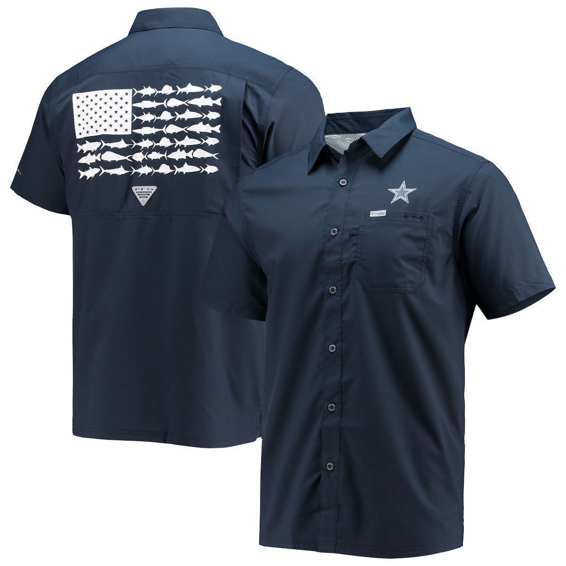 Columbia Men's Navy Dallas Cowboys Slack Tide Fish Omni-Shade Button-Up Shirt - Image 2 of 4