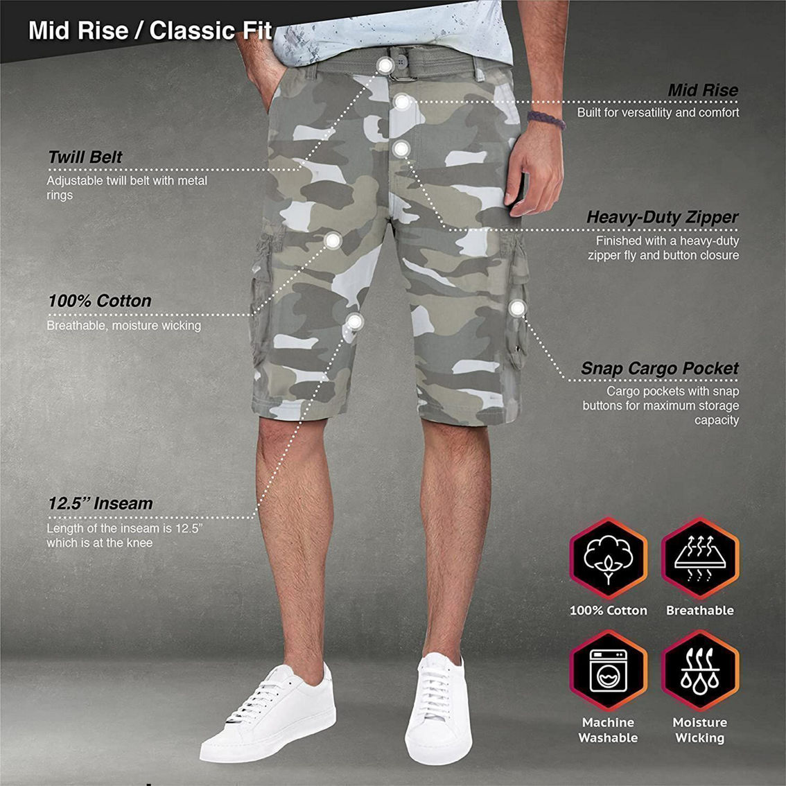 Men's Belted Knee Length Tactical Cargo Shorts - Image 3 of 5