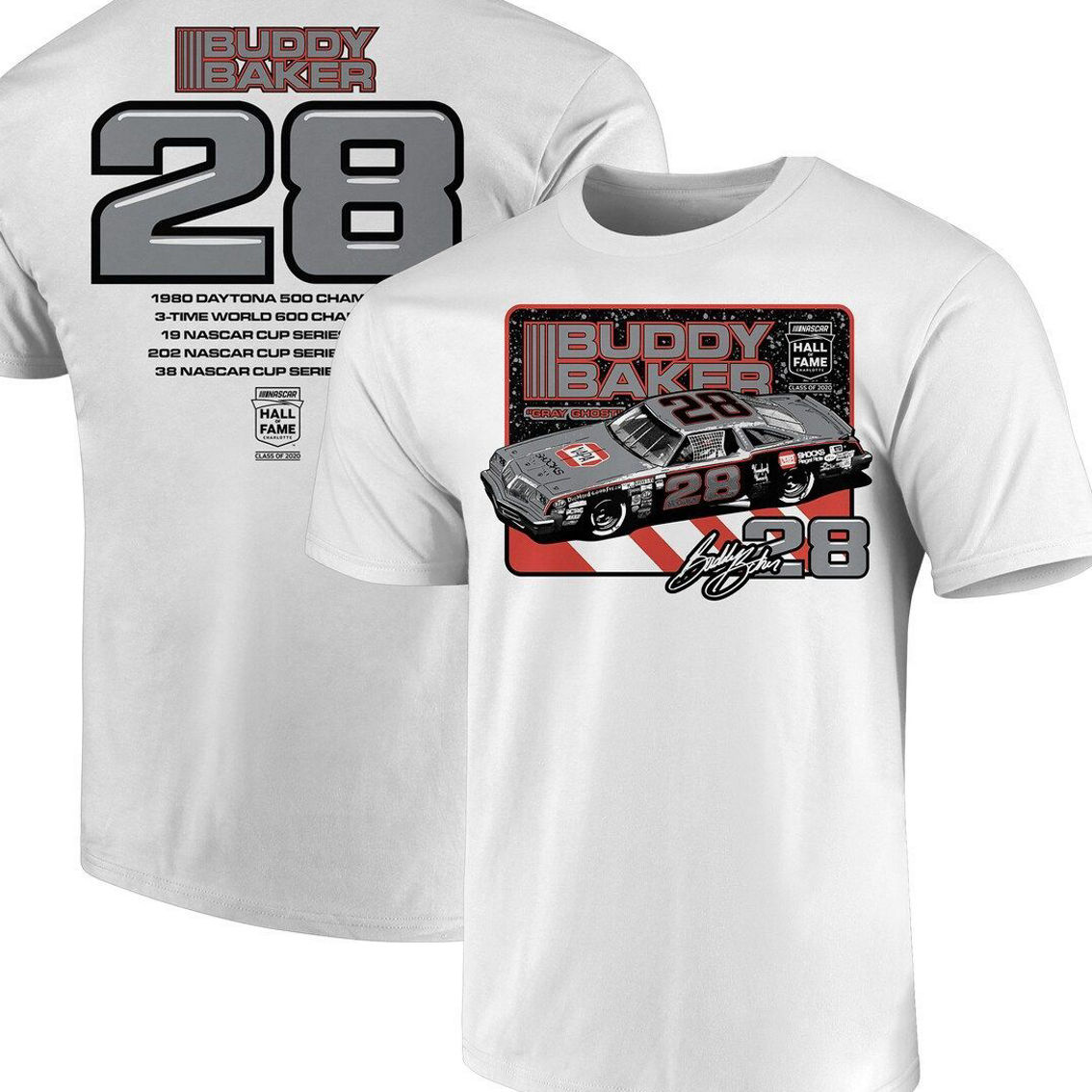 SMI Properties Men's White Buddy Baker NASCAR Hall of Fame Class of 2020 Inductee T-Shirt - Image 2 of 4