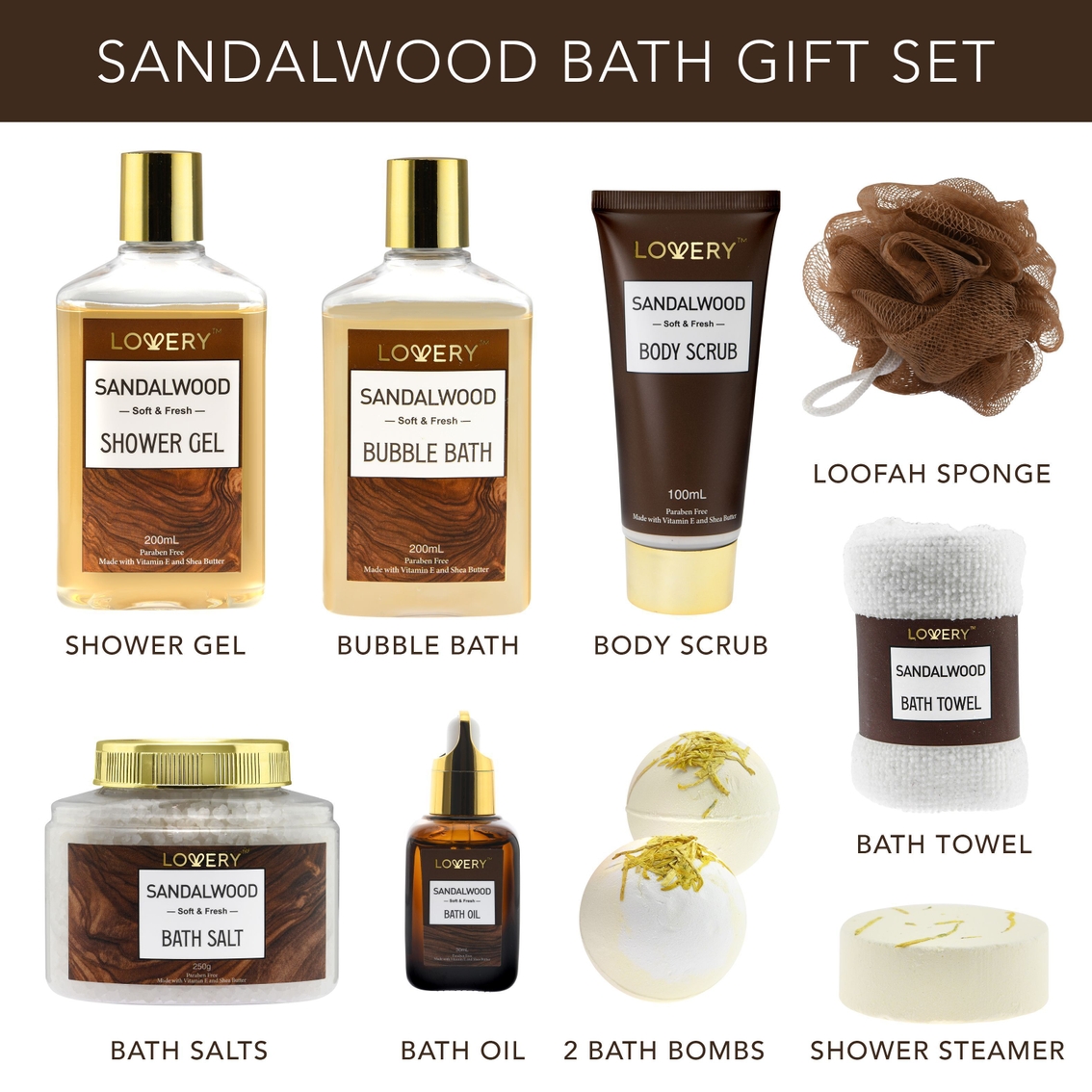 Lovery Luxury Spa Kit for Men - Sandalwood Bath Set - in Brown Leather Cosmetic Bag - Image 2 of 5