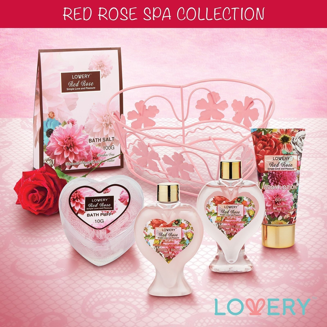 Lovery Home Spa Gift Basket - Red Rose Scent in Heart shaped wire basket - Image 5 of 5