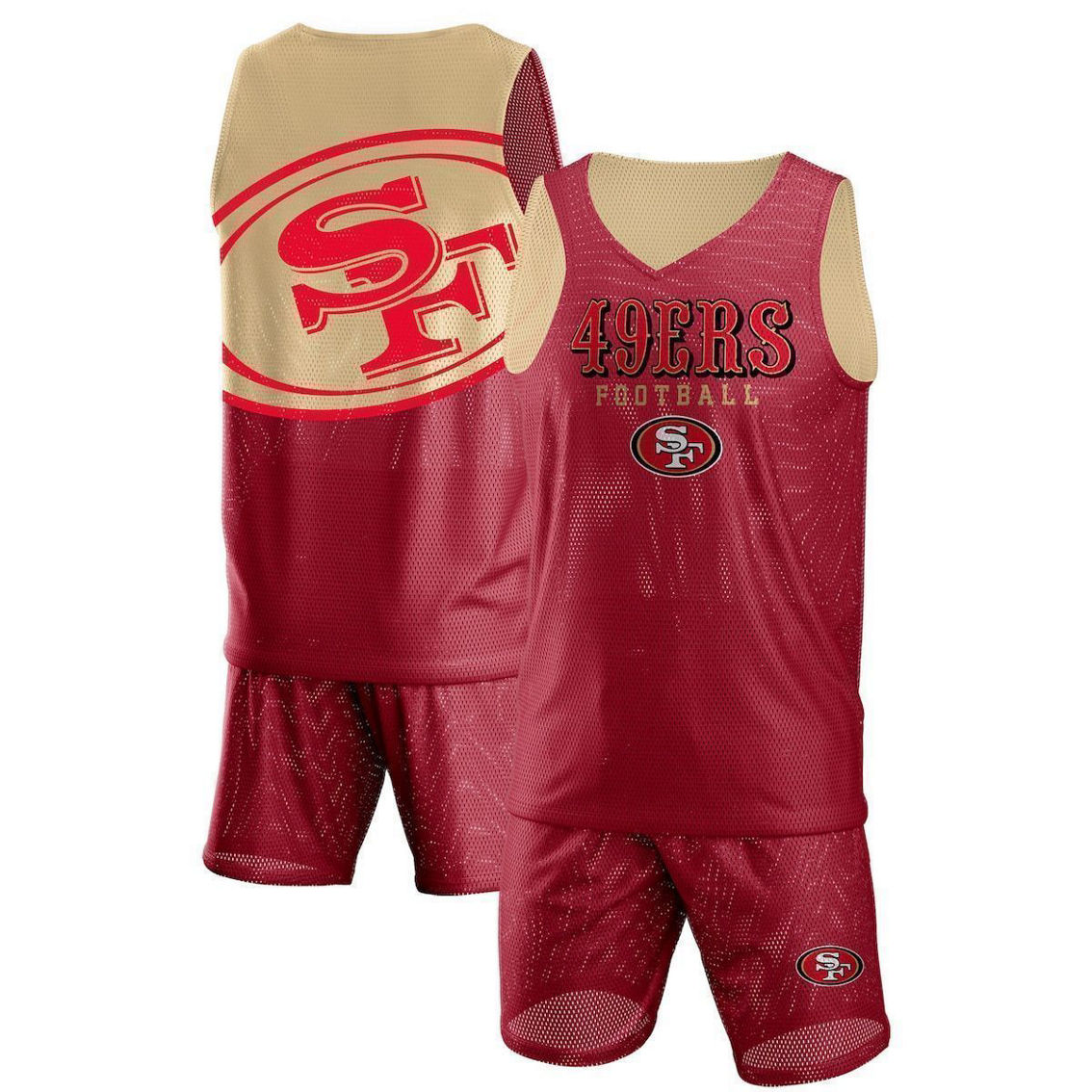 FOCO Men's Scarlet San Francisco 49ers Colorblock Mesh V-Neck & Shorts Set - Image 2 of 4