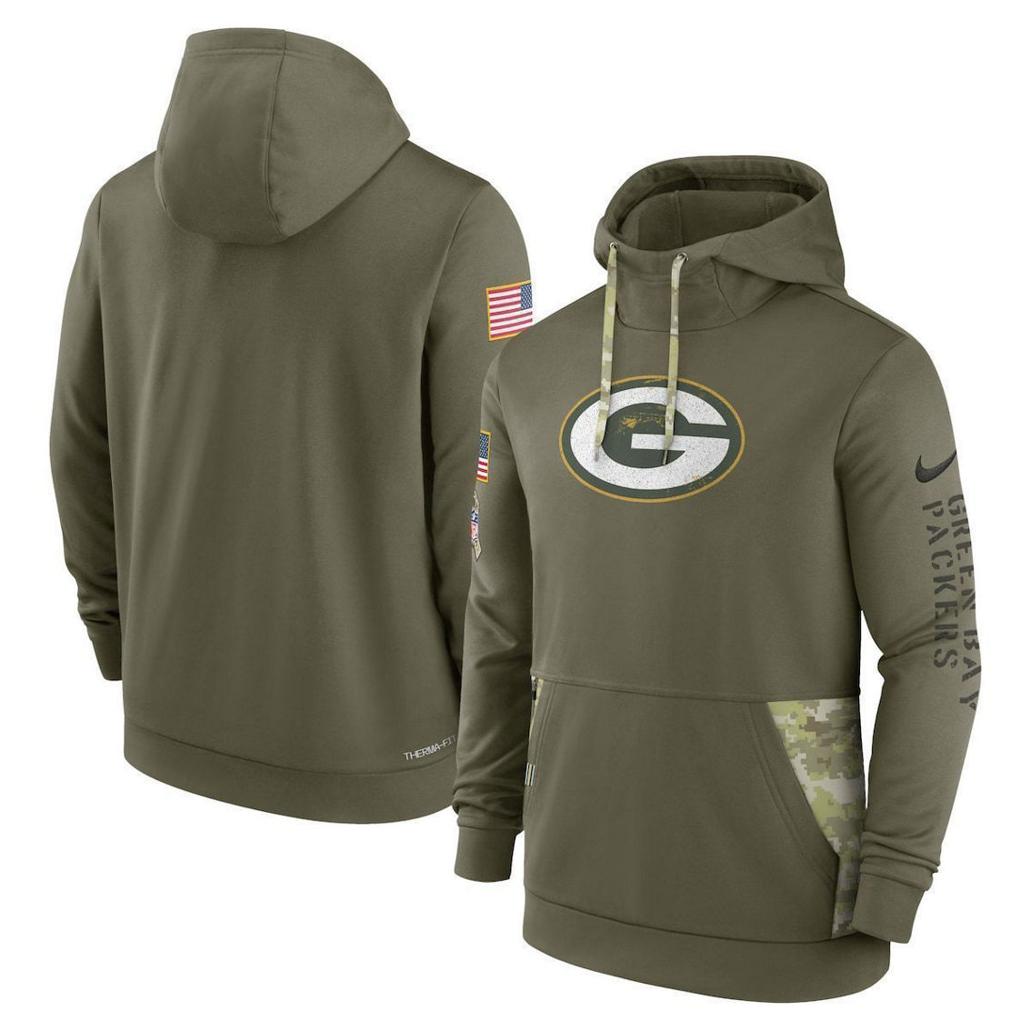 Men's Nike Olive Green Bay Packers 2022 Salute to Service Therma Performance Pullover Hoodie - Image 1 of 4