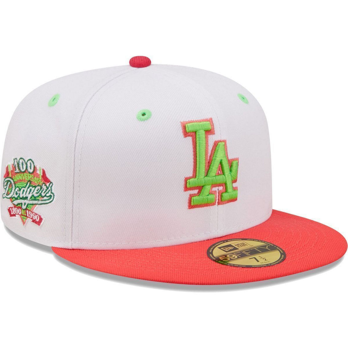 New Era Men's White/Coral Los Angeles Dodgers 100th Anniversary Strawberry Lolli 59FIFTY Fitted Hat - Image 2 of 4