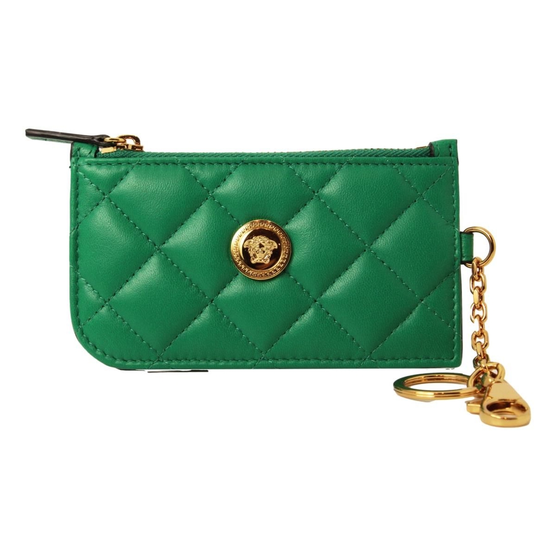 Versace Medusa Quilted Green Lambskin Leather Card Case Keychain, Handbags, Clothing & Accessories