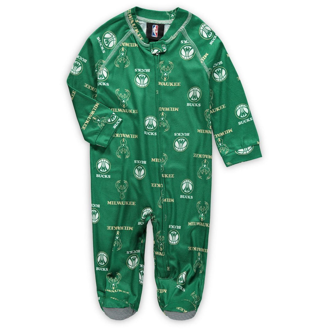 NBA Exclusive Collection Newborn & Infant Green Milwaukee Bucks Zip-Up Raglan Jumper Pajamas - Image 2 of 2