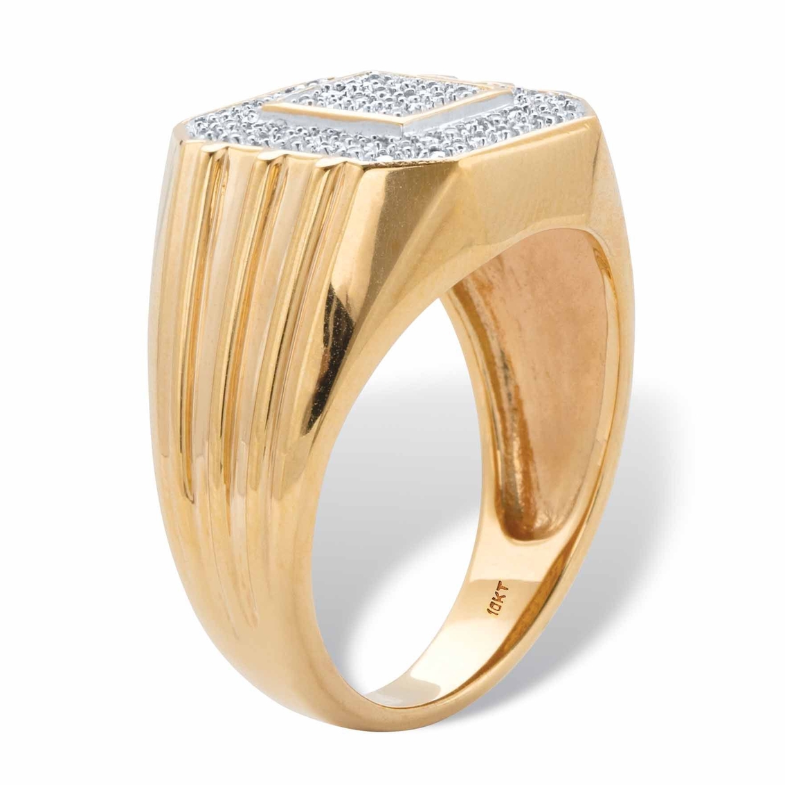 Men's Round Diamond Ribbed Octagon Ring 1/10 TCW in Solid 10k Yellow Gold - Image 2 of 5