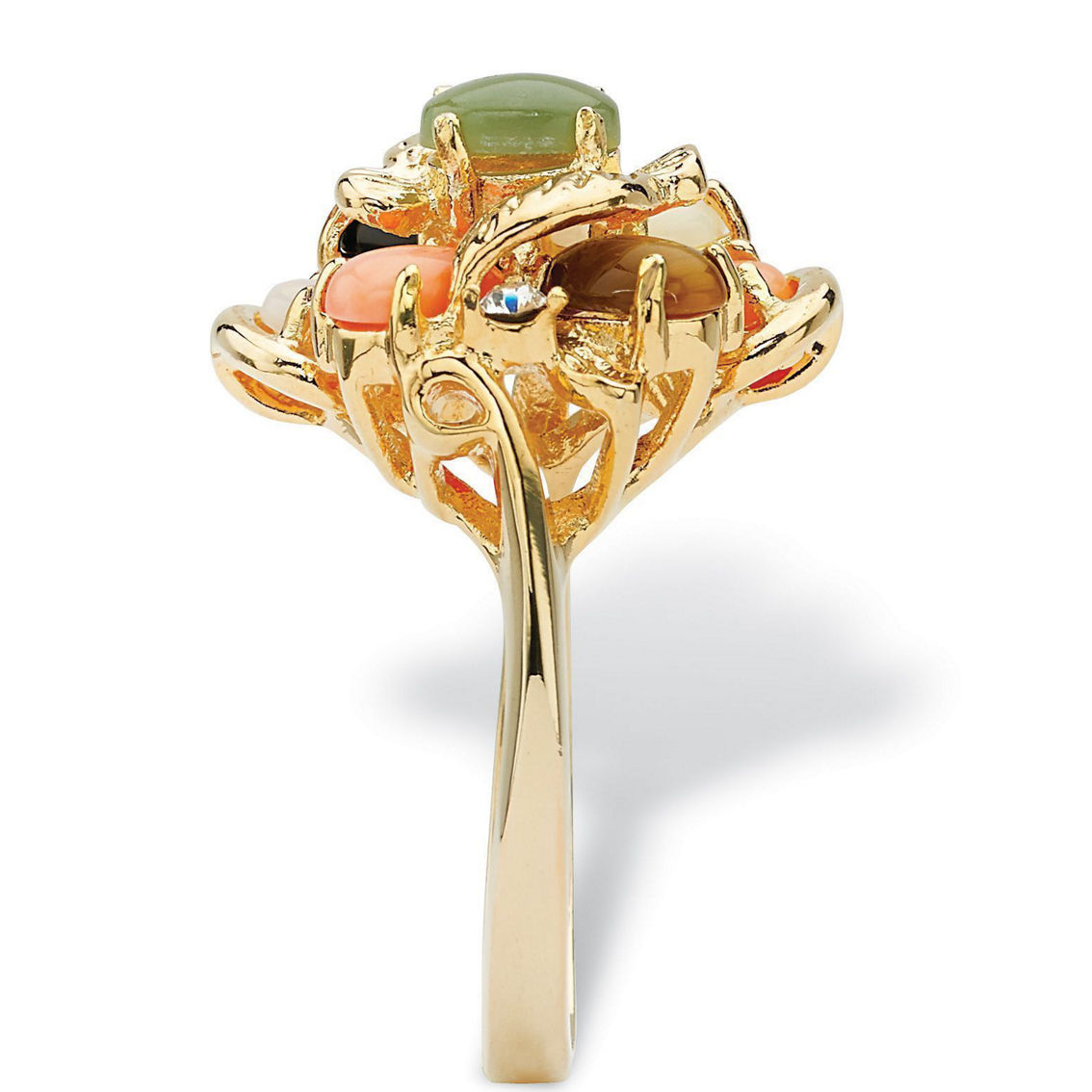 Oval Genuine Coral, Opal, Jade, Onyx and Tiger's-Eye Cluster 18k Gold-Plated Ring - Image 2 of 5