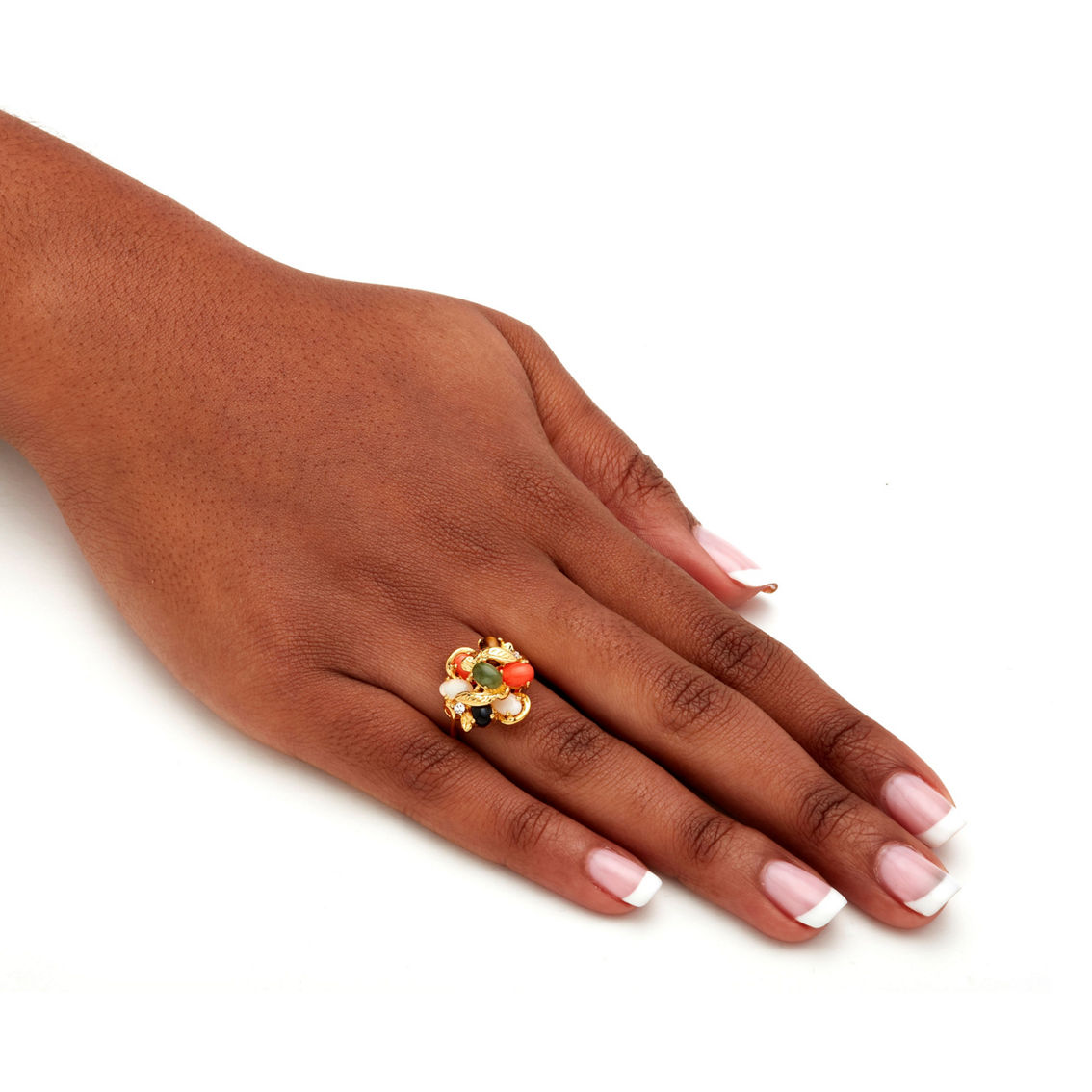 Oval Genuine Coral, Opal, Jade, Onyx and Tiger's-Eye Cluster 18k Gold-Plated Ring - Image 4 of 5