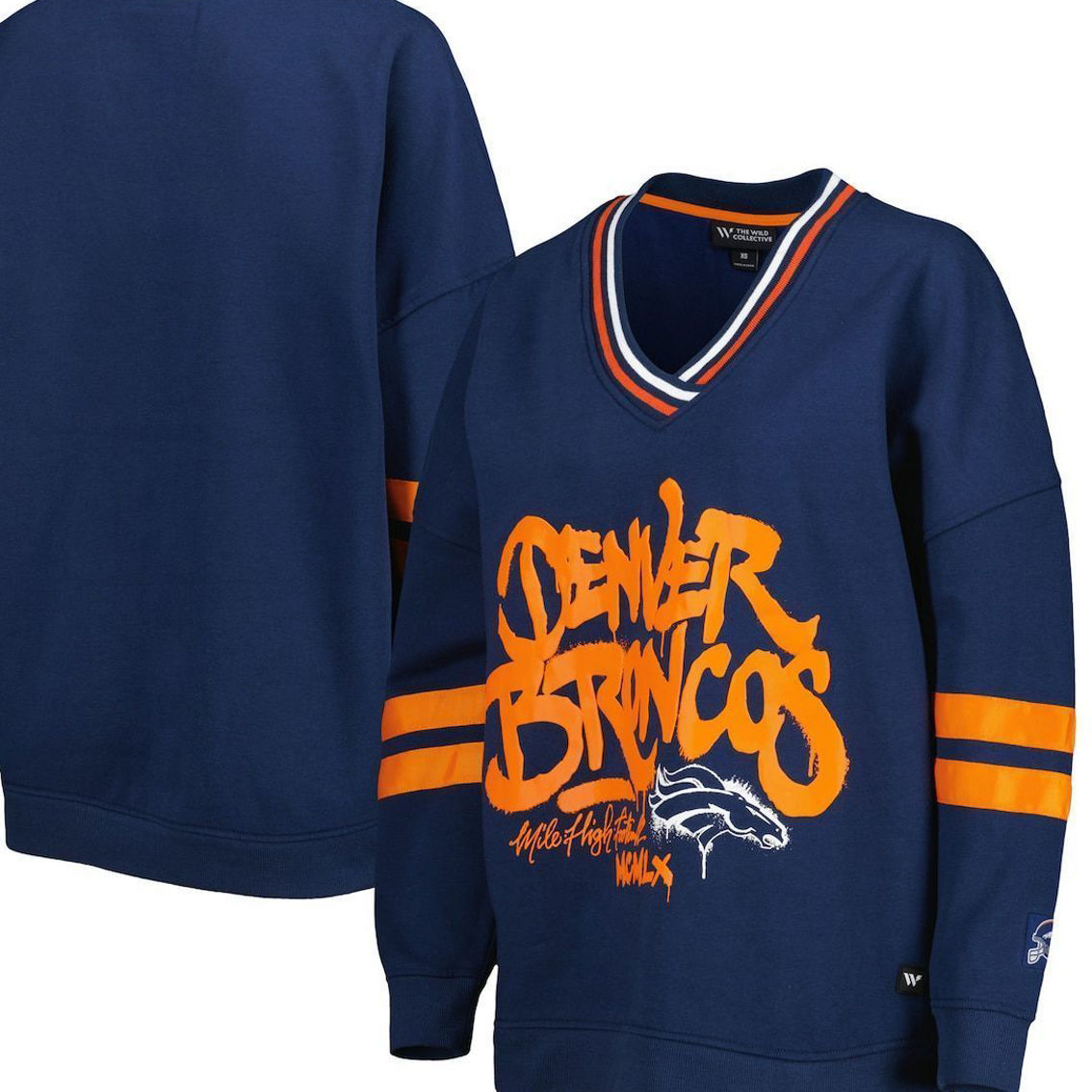 The Wild Collective Women's Navy Denver Broncos Vintage V-Neck Pullover Sweatshirt - Image 2 of 4