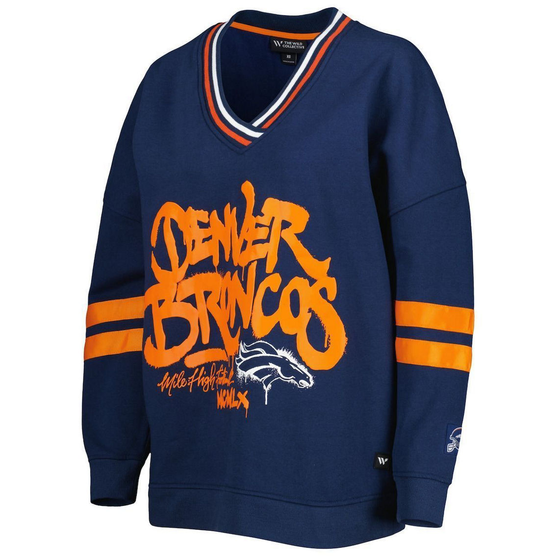 The Wild Collective Women's Navy Denver Broncos Vintage V-Neck Pullover Sweatshirt - Image 3 of 4