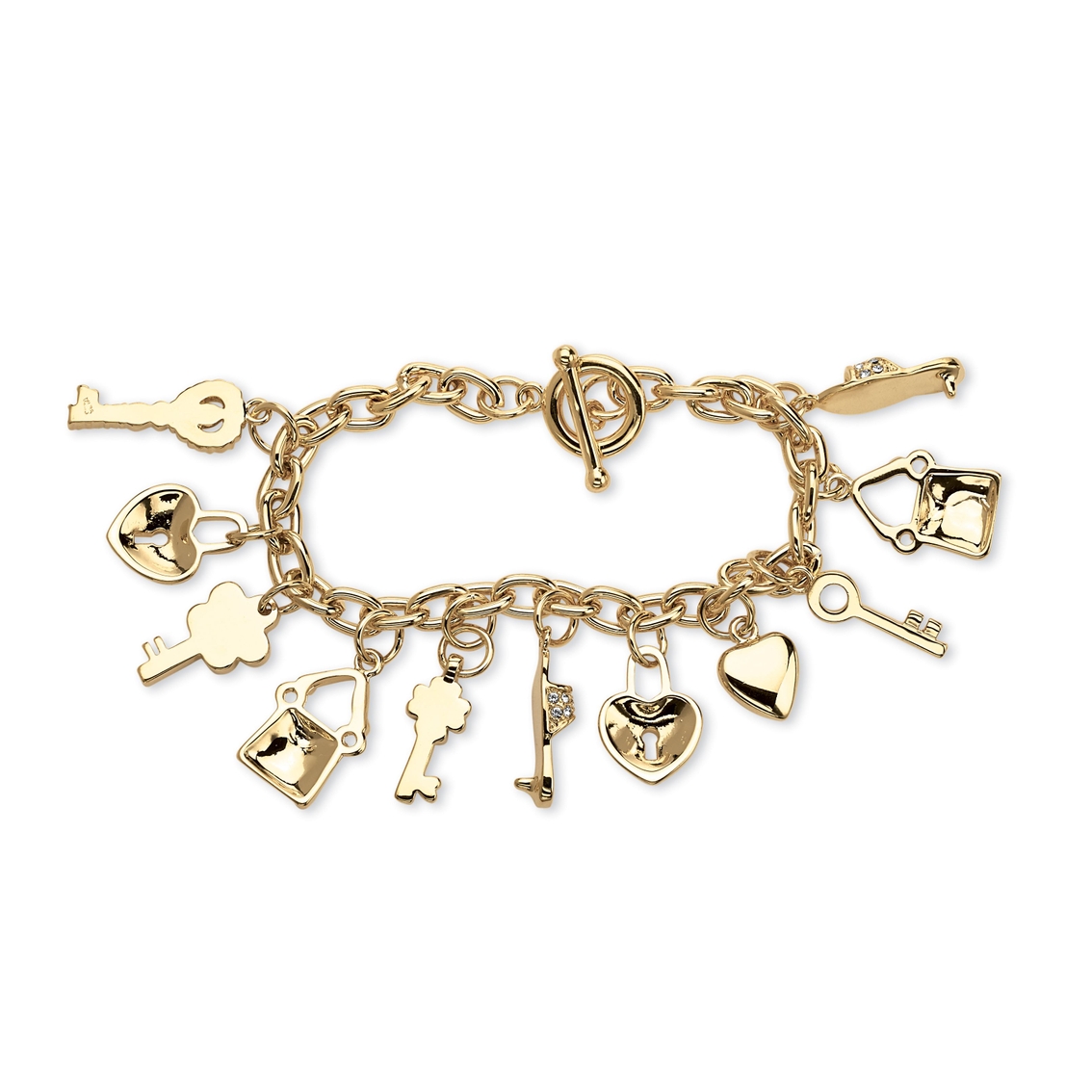 PalmBeach Crystal Yellow Gold-Plated Shoe, Purse, Heart Lock and Key Charm Bracelet - Image 2 of 4