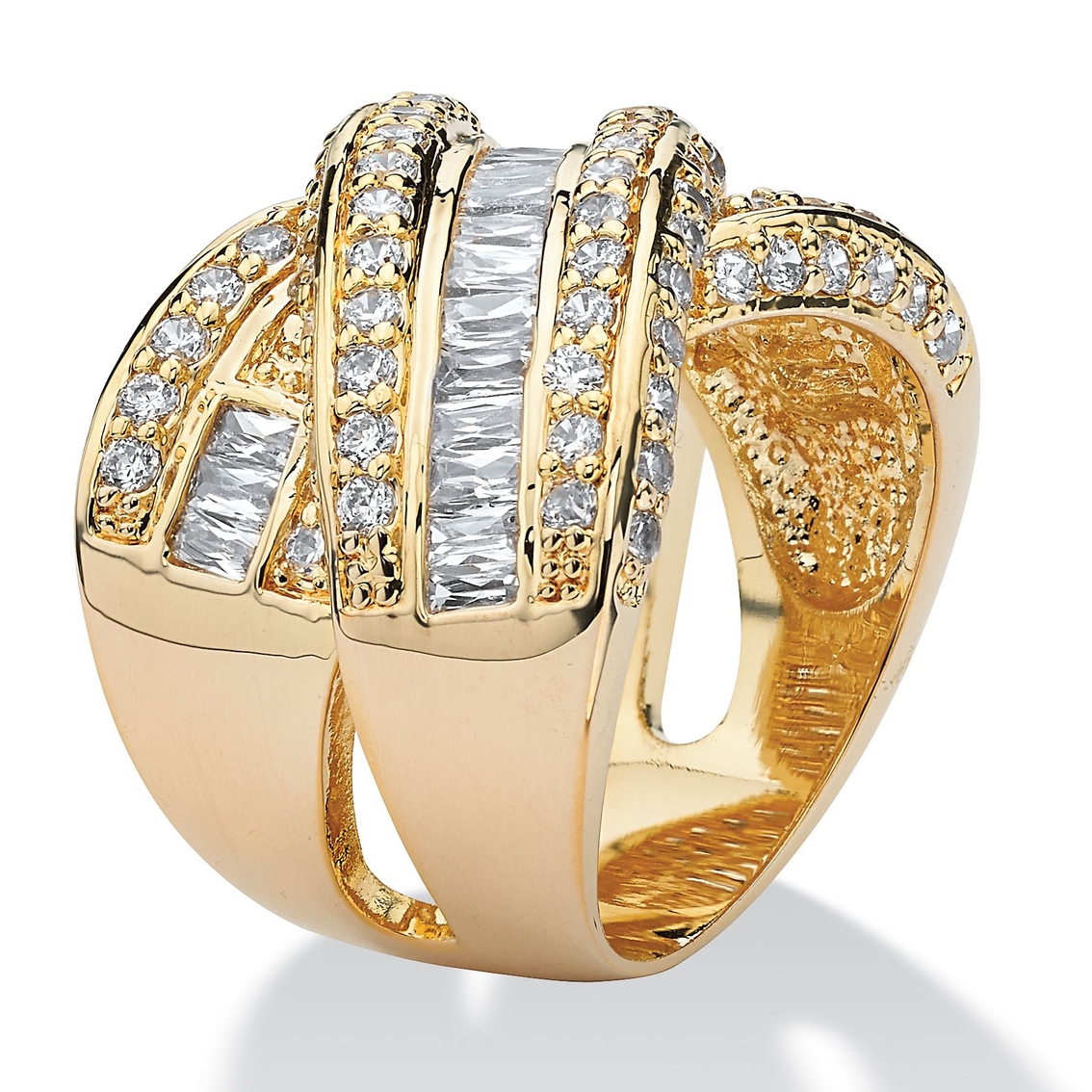3.64 TCW Baguette Cut Cubic Zirconia Yellow Gold-Plated Crossover Ring - Image 2 of 5