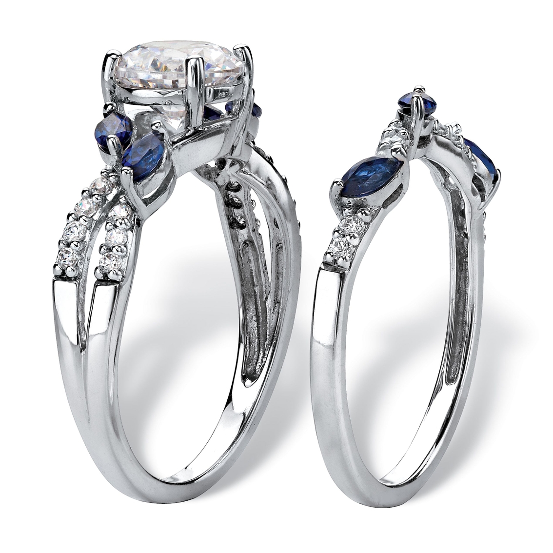 PalmBeach Platinum-plated Sterling CZ and Lab-Created Sapphire Wedding Ring Set - Image 2 of 5