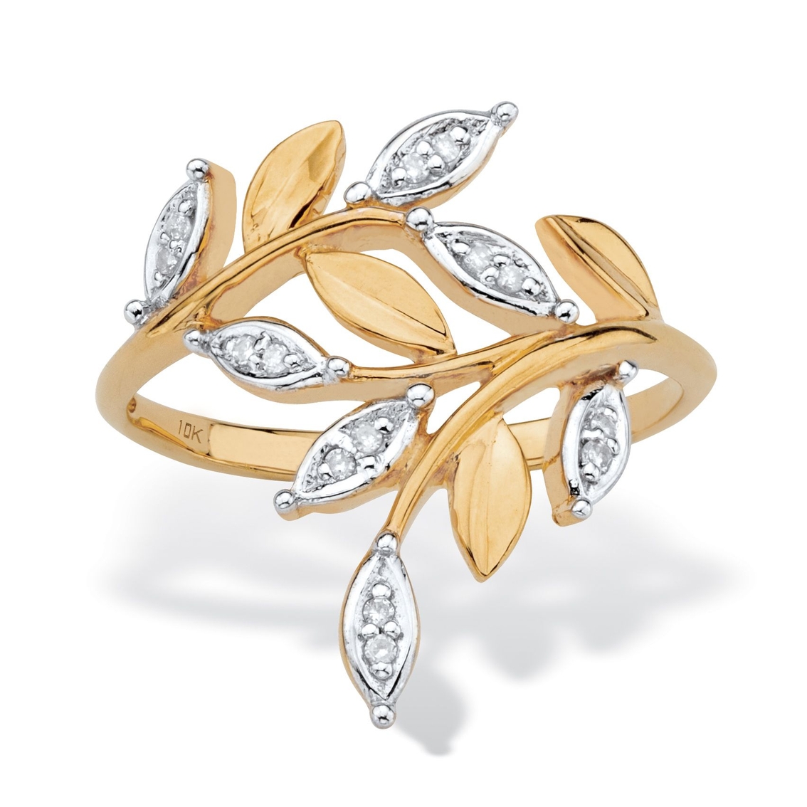Diamond Accent Marquise-Shaped Bypass Leaf Ring in Solid 10k Yellow Gold
