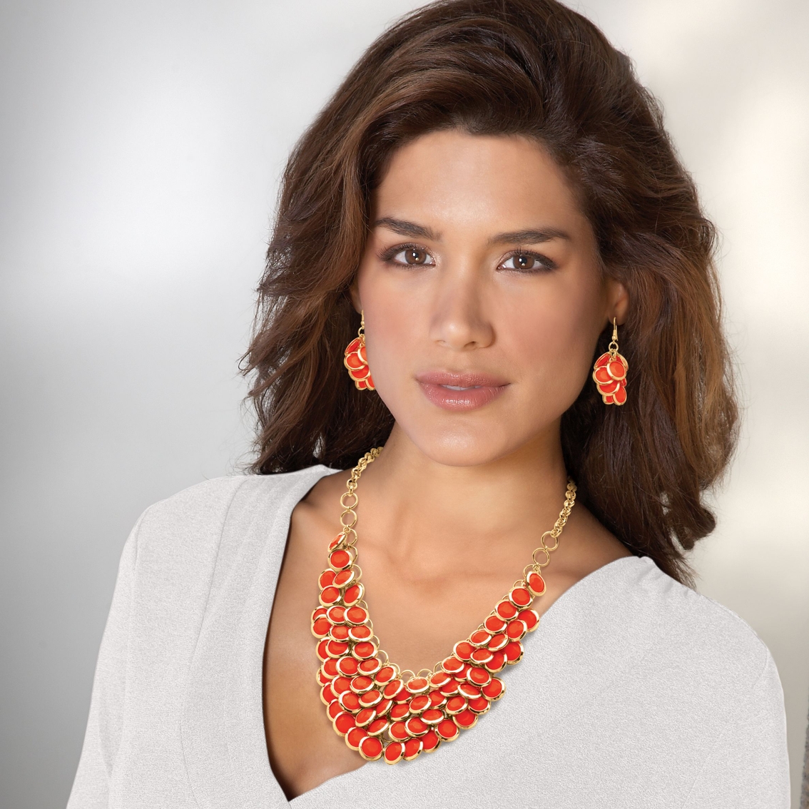 2 Piece Orange Bib Necklace and Cluster Earrings Set in Yellow Goldtone - Image 3 of 5